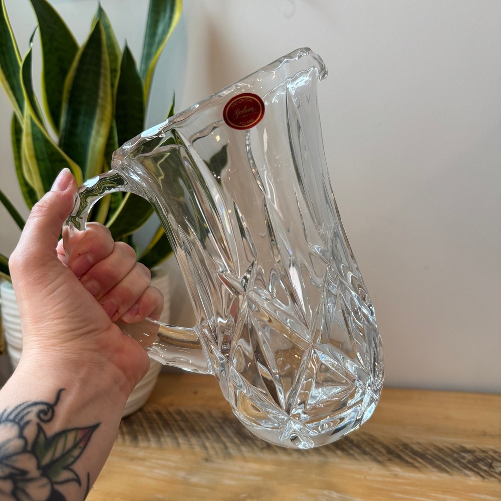 Gorham Lady Anne Fine Crystal Pitcher Poland Diamond Cut Glass Water Carafe 9"